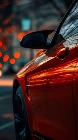 Cinematic close-up of wet orange sports car with bokeh streetscape.