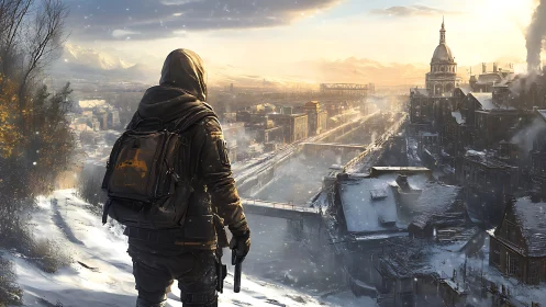 Lone survivor overlooks frozen post-apocalyptic cityscape.