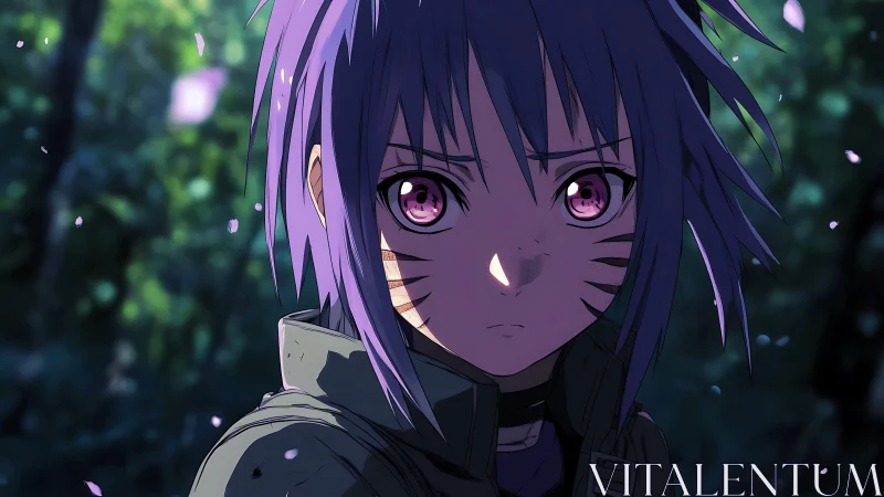 Serious purple haired anime girl in forest at dusk.