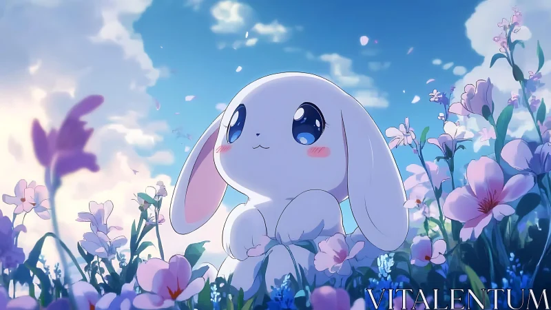 Soft-lit anime rabbit rendered in low-angle floral meadow scene