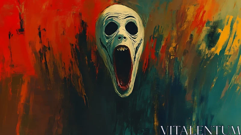 Elongated skull-like mask against abstract color field.