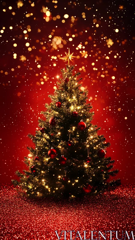 Sparkling Christmas tree glowing in a sea of red light.