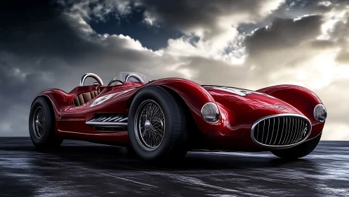 Crimson vintage racer prowls beneath storm-brightened clouds
