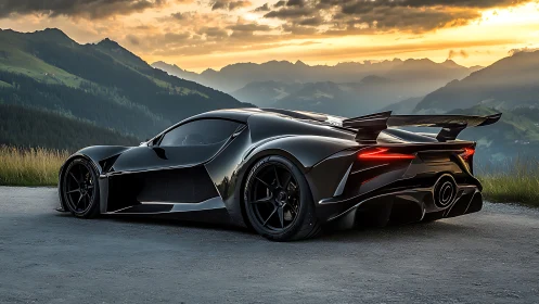 Midnight black supercar rests quietly above glowing valleys