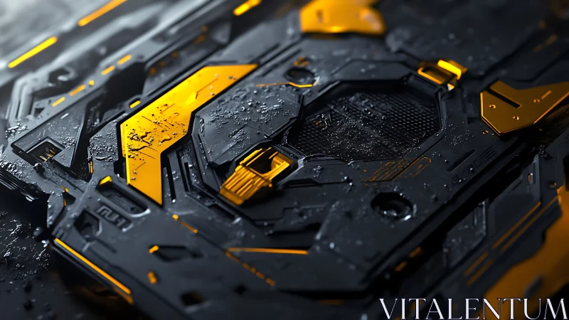 Black and yellow sci fi circuit panel shows wet metallic surface