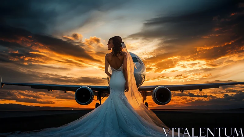 Runway bride framed by a burning jetstream sunset sky.