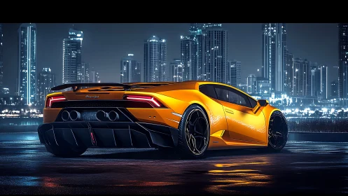 Yellow supercar parked on wet asphalt before city skyline