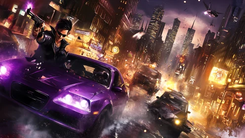 Neon city car chase bursting with midnight adrenaline.