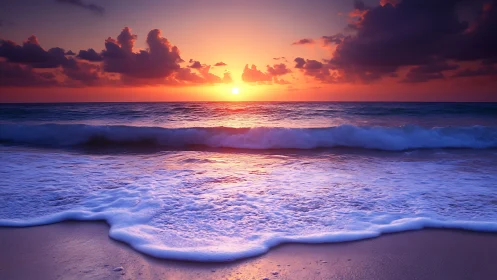 Vibrant ocean sunset casts warm light across tranquil shore