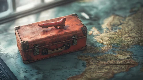 Vintage suitcase on world map with toy airplane handle.