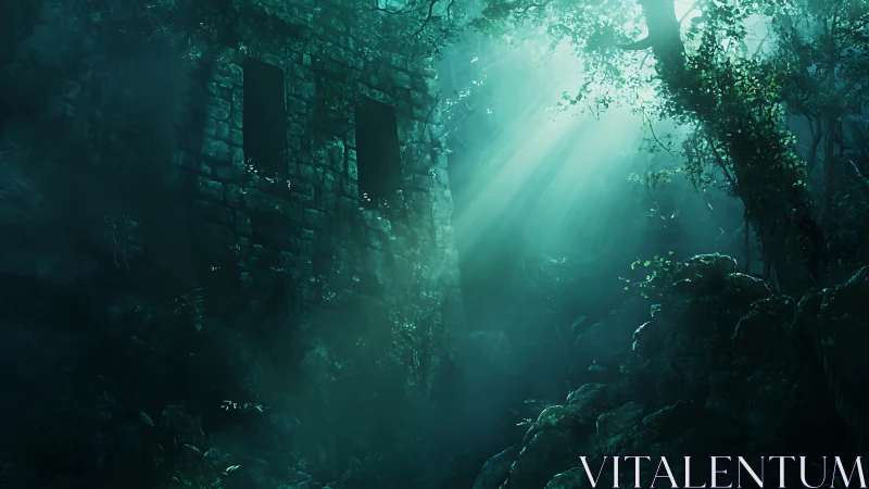 Digital painting of misted jungle ruin with volumetric light.