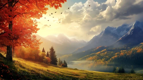 Golden autumn valley beneath misty mountain sunrise.