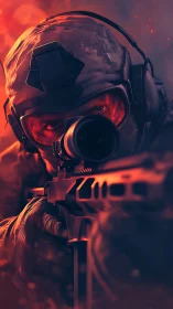 Tactical sniper aims through scope in fiery combat haze.