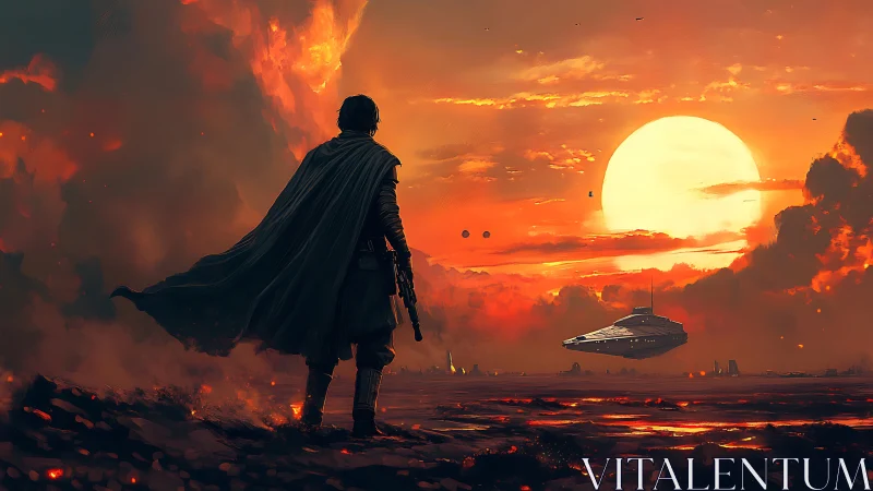 Lone wanderer faces blazing alien sunset and cruiser.