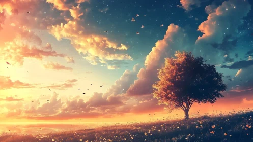 Solitary tree under luminous twilight fantasy sky.