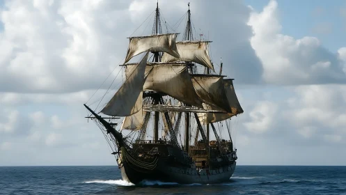Square-rigged wooden tall ship under full sail on open sea