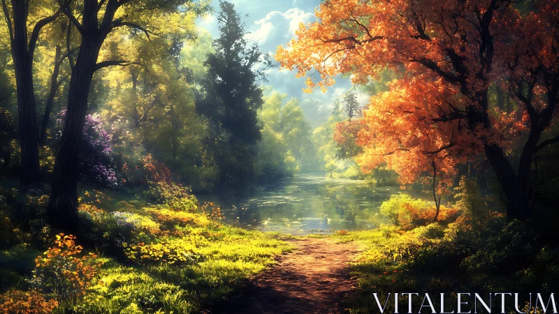 Autumn Forest Pathway with Riparian Canopy and Golden Luminescence