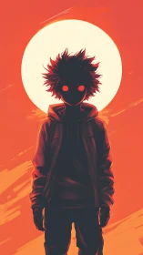 Backlit hooded silhouette under oversized white solar disc