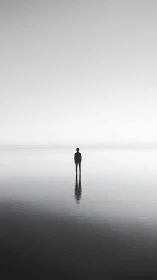 Solitary figure stands in vast reflective monochrome horizon.