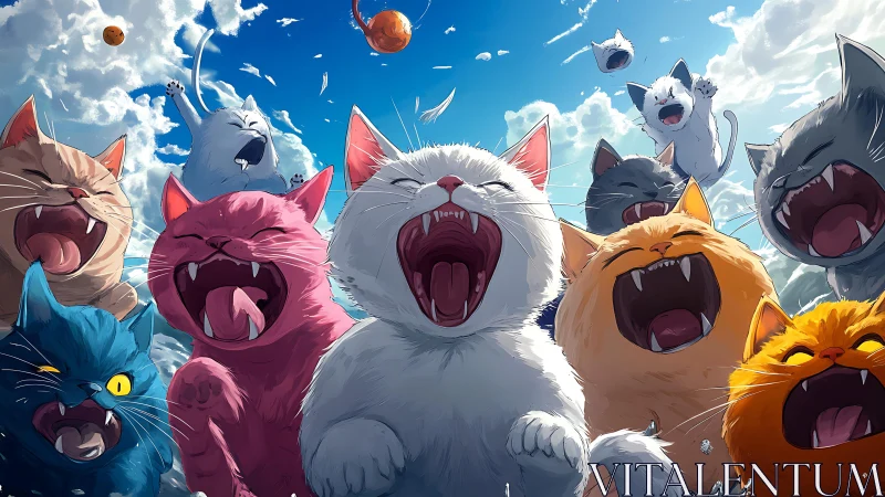 Exuberant Felines in Flight: Colorful Cat Chorus Against Celestial Backdrop.