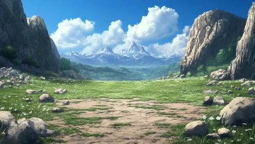 Expansive alpine valley framed by rocky cliffs in anime style