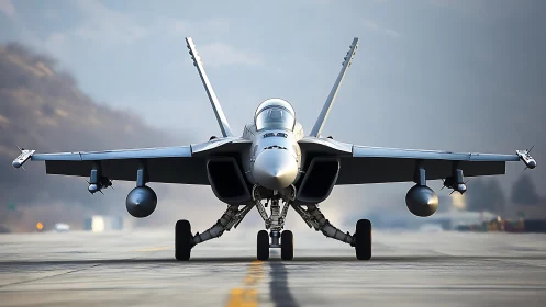 Runway predator jet poised for thunder over misty ranges.