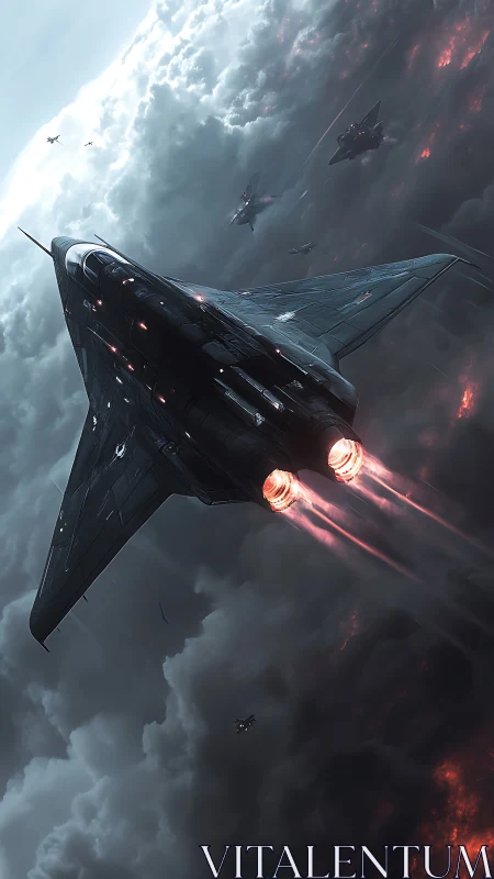 Stealth fighter squadron dives through storm-torn clouds.