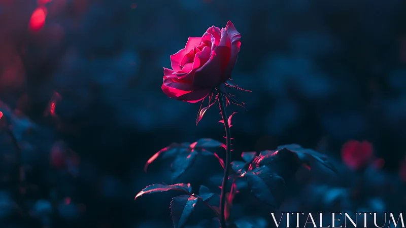 Neon rose glowing under cyberpunk lighting.