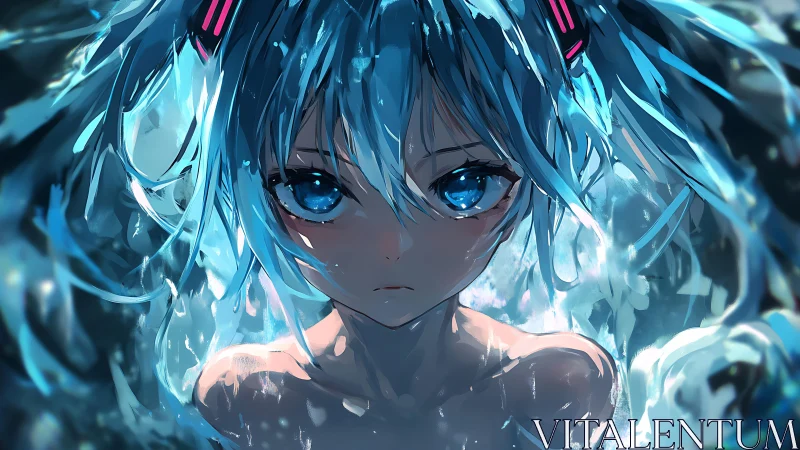 Blue haired dreamer rising from swirling digital waters.