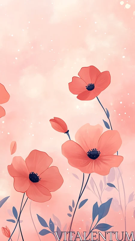 Graceful coral poppies bloom in soft pink dreamscape.