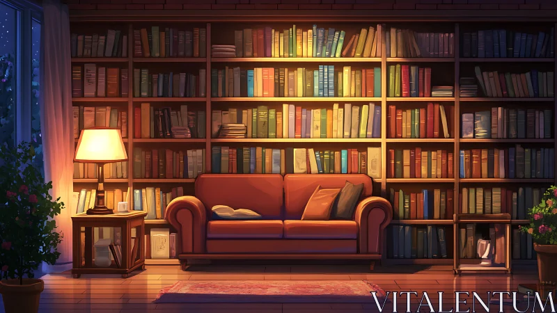 Evening-lit library lounge with saturated chromatic shelving.
