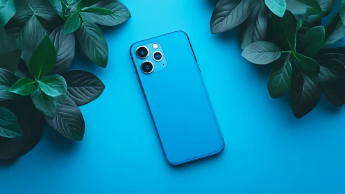 Premium Smartphone Flat Lay: Blue Apple Device Against Chromatic Background.