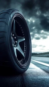 Stormtrack racing tire poised on rain-slick asphalt stage.
