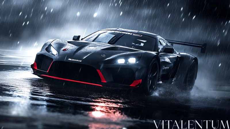 Racing car powers through wet track under heavy night rain