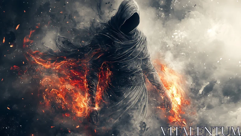 Hooded fire mage stands in swirling smoke and embers.
