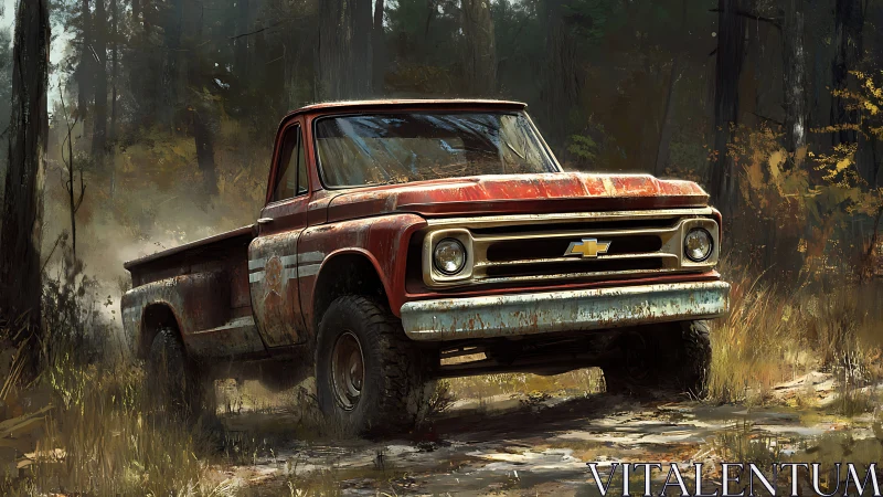 Old Chevrolet pickup truck moves along rough forest track