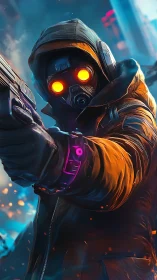 Neon-eyed vigilante aims through a storm of cyber sparks.