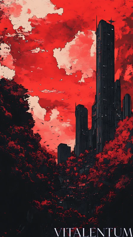 Dark futuristic city towers under intense red sky.