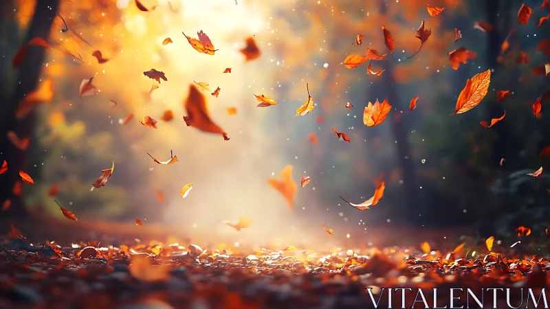Glowing autumn leaves dance gently through a sunlit forest