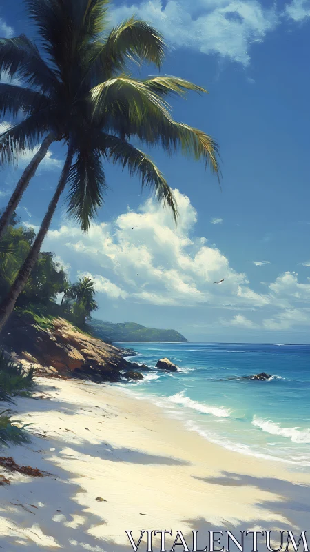 Tropical beach coastline with palm tree and sandy shore.