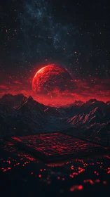 Red planetary body over circuit-like platform in dark valley