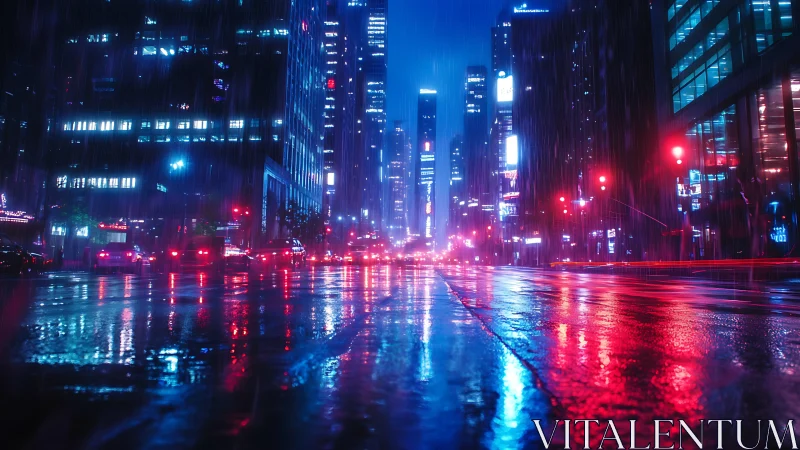 Neon-saturated rain street with reflective urban light scattering.