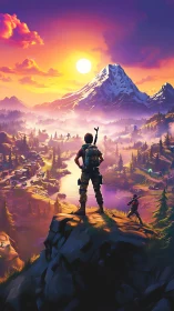 Digital painting of tactical duo surveying neon sunset valley.