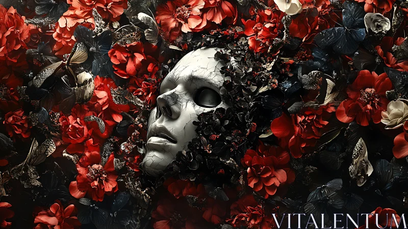 Silent porcelain face cradled in wild crimson petals.