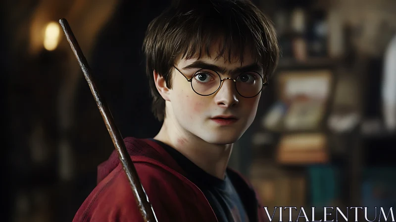 Teenager with round glasses holds wooden wand indoors