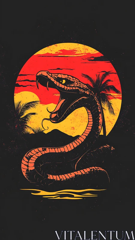 Retro serpent silhouette against sunset circle composition.
