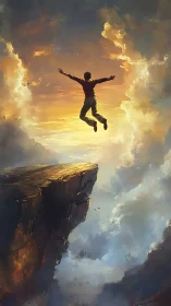 Midair dreamer abandons the cliff and sprints into sunrise