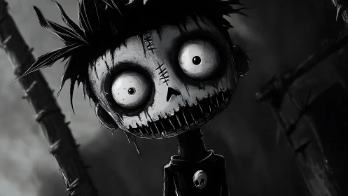 Monochrome stitched cartoon figure with wide staring eyes.