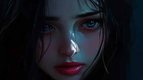 Digital portrait presents close-up female face in cool light