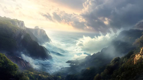 Storm-driven ocean waves colliding with steep coastal cliffs